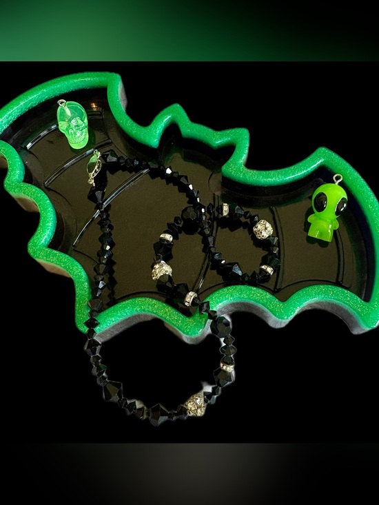 Handmade Other - Handmade Resin Glitter Bat Trinket Tray Neon Green + Black